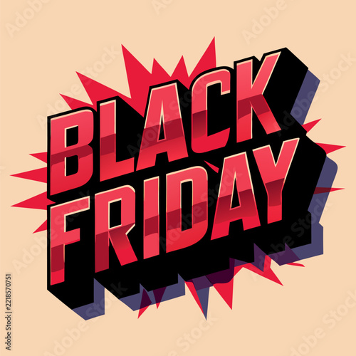 Black Friday promotional graphic with vibrant red and black typography. Bold display of Black Friday text against a light beige background with radiating graphic elements.