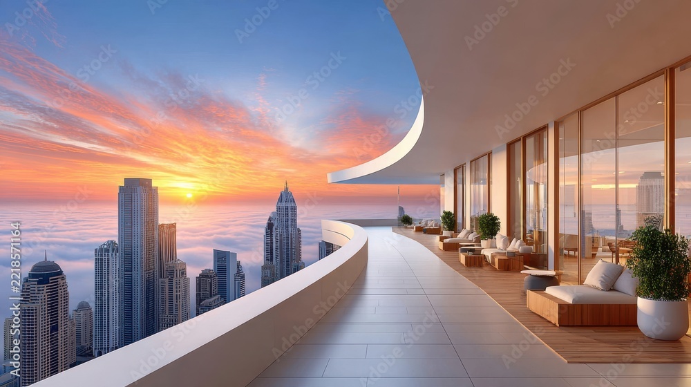 Fototapeta premium Curved concrete podium edge overlooking skyscrapers above clouds at sunset with modern lounge seating and large glass windows