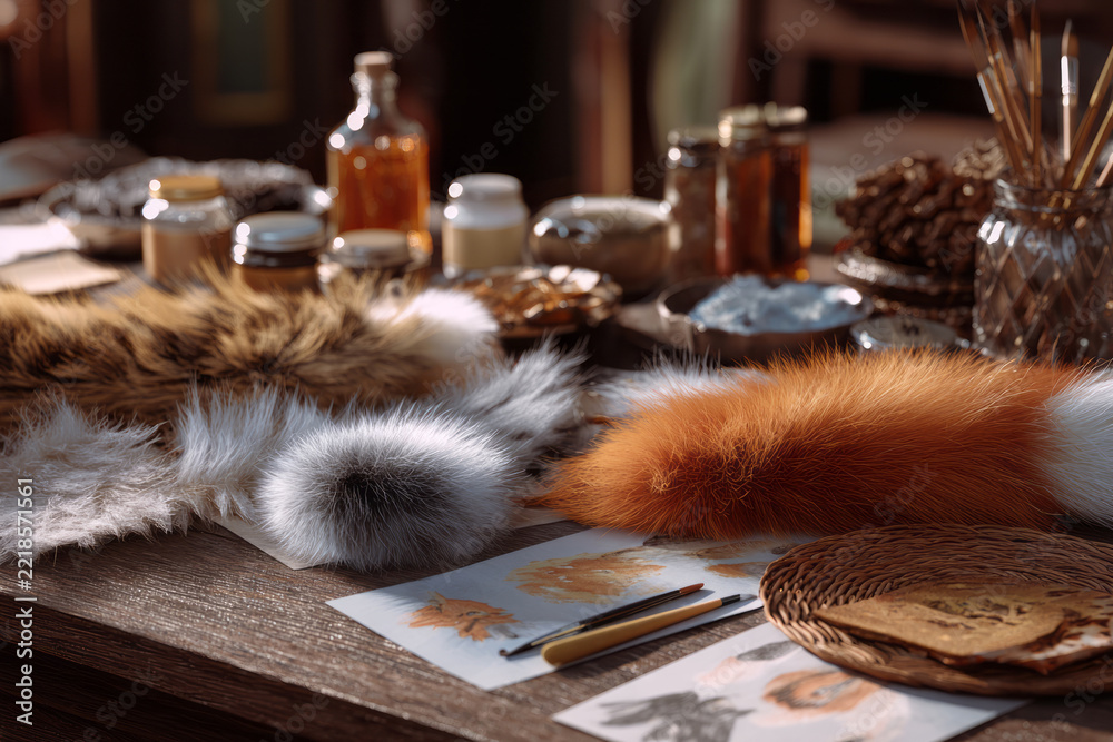 Fototapeta premium Furry animal costume ears and tail pieces rest beside brushes, containers, stacked fabric pieces, and tools across a cluttered indoor craft table