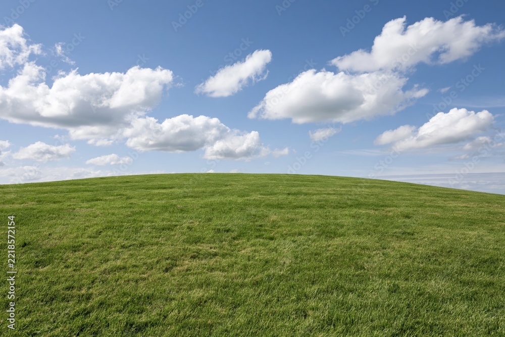Fototapeta premium The Rolling Green Hill Under a Clear Blue Sky with White Clouds