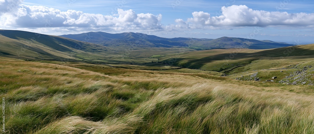 Fototapeta premium Panoramic view of wind-swept grassy moorland with rolling hills and distant mountains under a partly cloudy sky