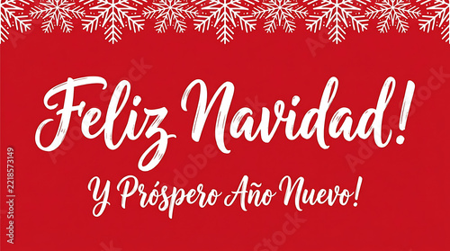 Feliz Navidad calligraphy text on a bright red background decorated with white snowflakes at the top.