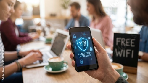 VPN privacy safety smartphone security concept. Person using a smartphone with VPN protection in a café offering free WiFi.