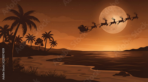 Santa Claus flies in a sleigh pulled by reindeer over a tropical beach during a warm sunset.