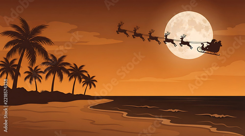 Santa Claus sleigh pulled by reindeer flies past a full moon over a tropical beach lined with palm trees.