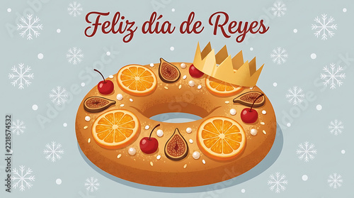 Roscón de Reyes traditional cake topped with candied fruit and a paper crown sits against a blue snowflake background.