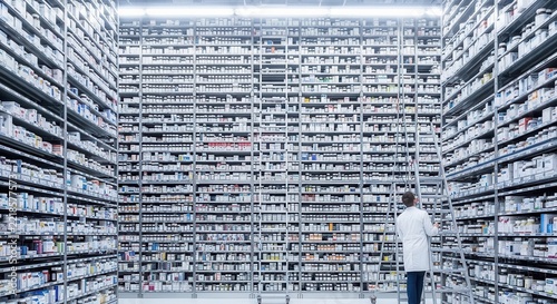 Modern Pharmacy Warehouse with Vast Medicine Shelves and Pharmacist Using Ladder