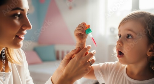 Mother administering liquid medicine to a surprised toddler with a dropper in a child's bedroom