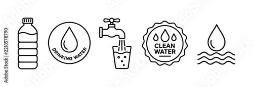 Minimalist Outline Drinking Water Bottle Tap Glass Drop Badge Icon Set