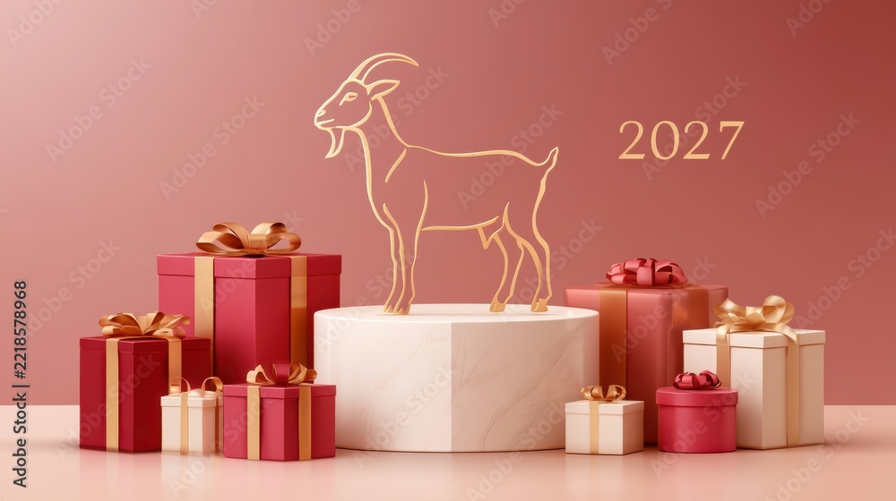 Fototapeta premium Cream gift boxes with gold ribbons, golden goat silhouette on marble podium, 2027 holiday celebration, minimalist festive display