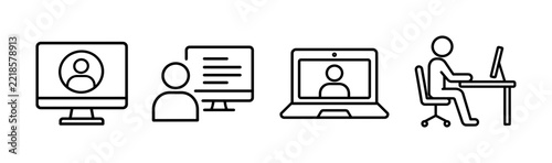 Minimalist Outline Online Working Video Conference Desk Computer User Icon Set