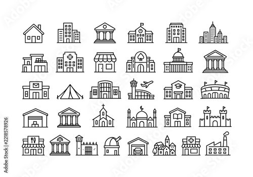 Outline City Building Architecture Urban Infrastructure Linear Symbol Icon Set