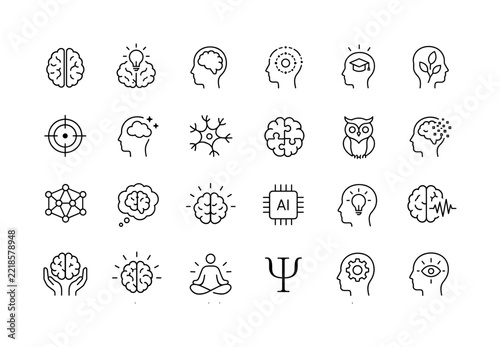 Minimalist Outline Psychology Brain Mental Health Knowledge Intelligence Icon Set
