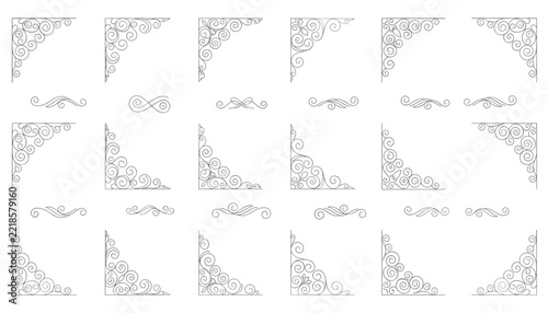 Elegant collection of classic vintage line art corners and decorative flourish scroll page dividers.