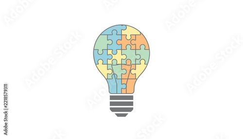 Conceptual illustration of a lightbulb made from colorful interlocking puzzle pieces, representing creative ideas.