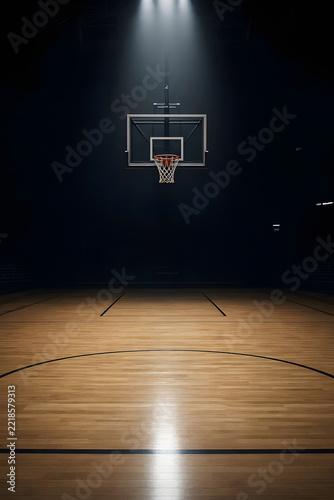 Wide empty basketball arena with a single basketball hoop