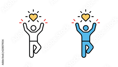 Two variants of an icon showing a joyful person leaping in celebration under a shining heart, in black and blue.