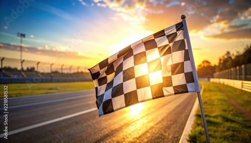 Vibrant Checkered Flag Waving at Sunset on a Race Track with Dramatic Sky and Sunlight Reflections