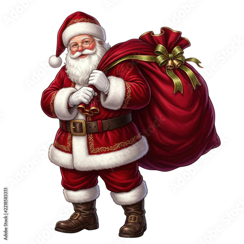 Santa claus holding a large red gift sack with a green ribbon isolated on transparent background