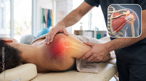 Patient lying face down on massage table while therapist treats shoulder with red glow. CGI tendon inset overlay. Rehabilitation therapy concept, copy space
