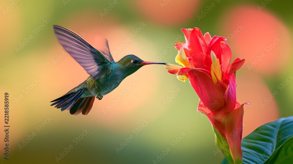 Fototapeta premium Hummingbird hovering in air sipping nectar from red tropical flower