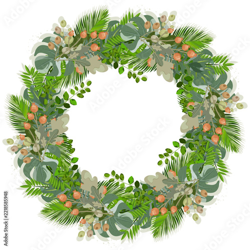 Round floral frame or wreath made of tropical leaves and berries vector illustration isolated on white background
