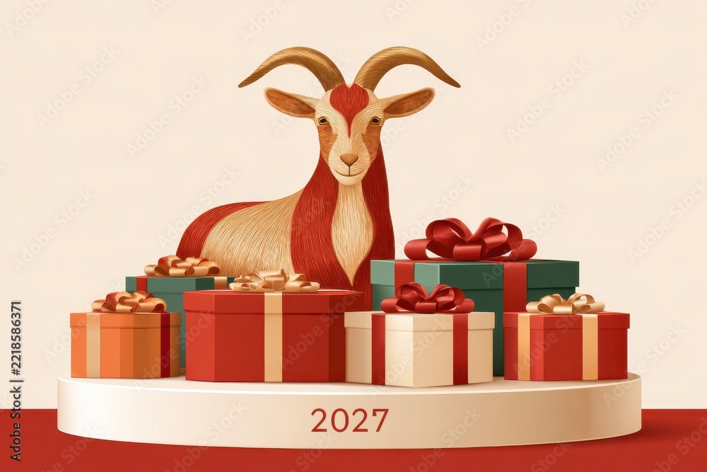 Fototapeta premium Beige platform with red and green gift boxes and embroidered goat figure with curved horns, year 2027 text, holiday celebration concept