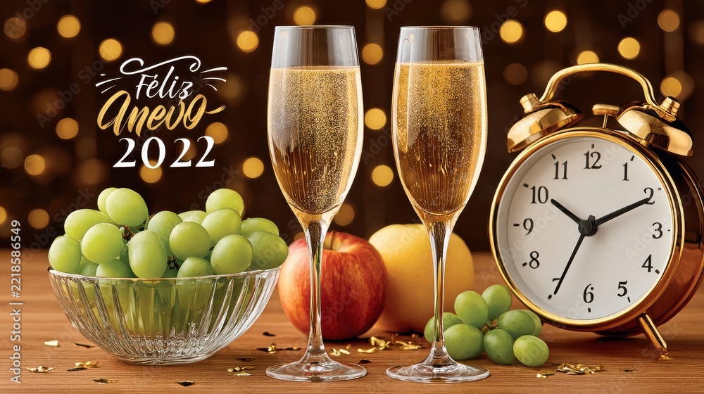 Fototapeta premium Two champagne glasses filled with golden bubbly liquid next to crystal bowl of green grapes and golden alarm clock showing midnight, New Year celebration setup