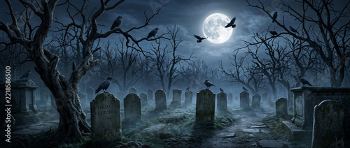 Haunted Cemetery Night Full Moon Crows Gloomy Atmosphere