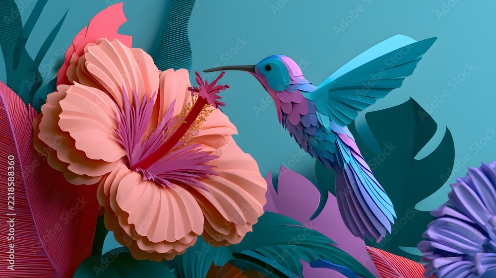 Fototapeta premium Papercraft hummingbird sipping nectar from pink hibiscus flower