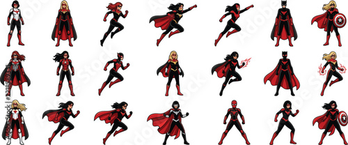 Collection of Diverse Female Superheroes in Dynamic Poses for Graphic Design