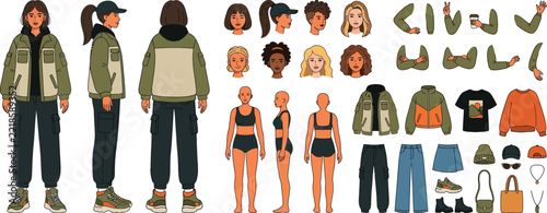 Diverse female character builder and clothing set for animation and design