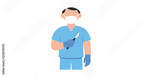Surgeon holding a scalpel is depicted in a flat vector illustration on a white background