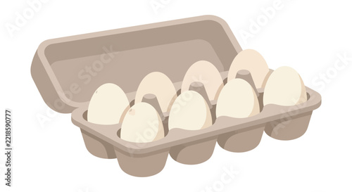 Six eggs rest inside a molded fiber carton on a white background