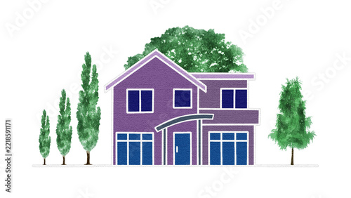 A modern twostory purple house illustration with a gabled roof, large windows, a central entrance, and surrounding green trees isolated on transparent background