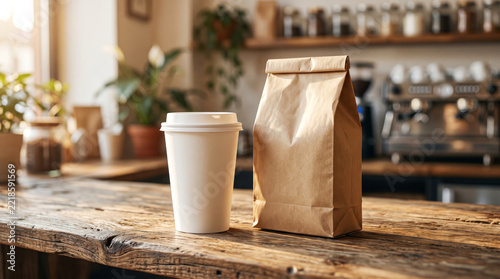 Blank coffee cup and kraft paper bag on wooden cafe table
