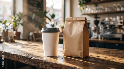 Blank coffee cup and kraft paper bag on wooden cafe table