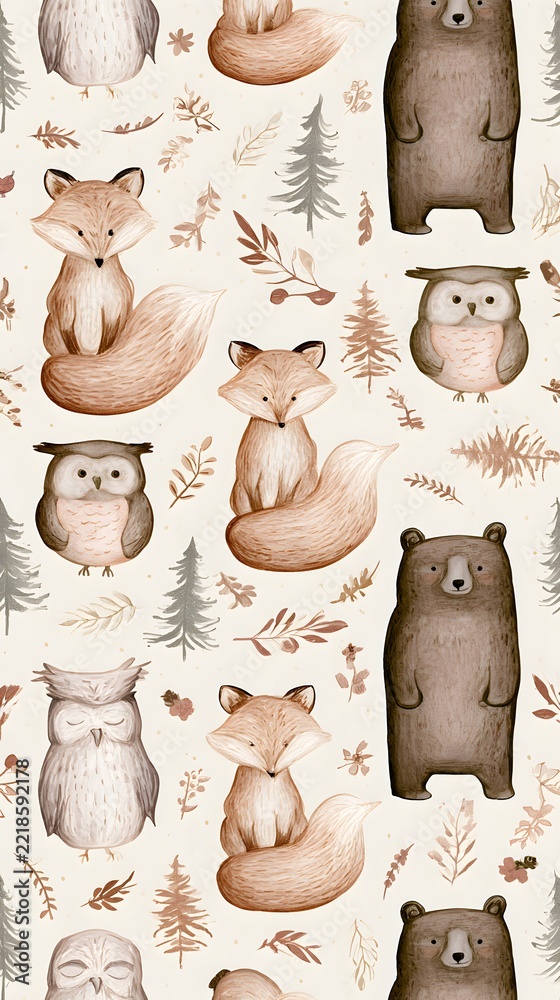Fototapeta premium Hand drawn woodland animals pattern with fox bear and owl