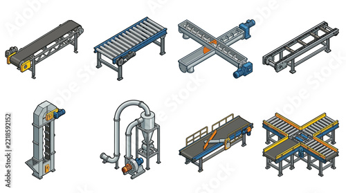 Eight isometric icons showing various factory conveyor belts roller tracks and vertical elevators on a white background. Ideal for industrial process diagrams or logistics training materials.