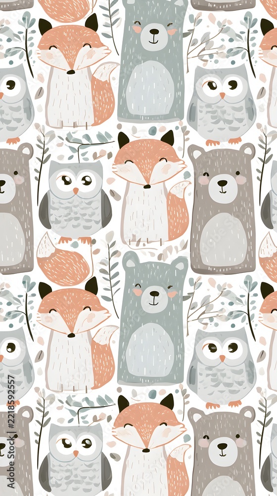 Fototapeta premium Woodland animals pattern with fox bear and owl on white