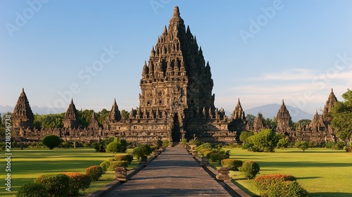 Prambanan Temple Complex in Indonesia Under Blue Sky