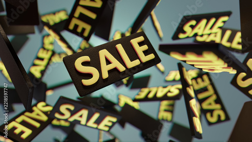 Sales Frenzy: Floating Sale Signs Create a Dynamic, Busy Retail Scene with Excitement and Energy