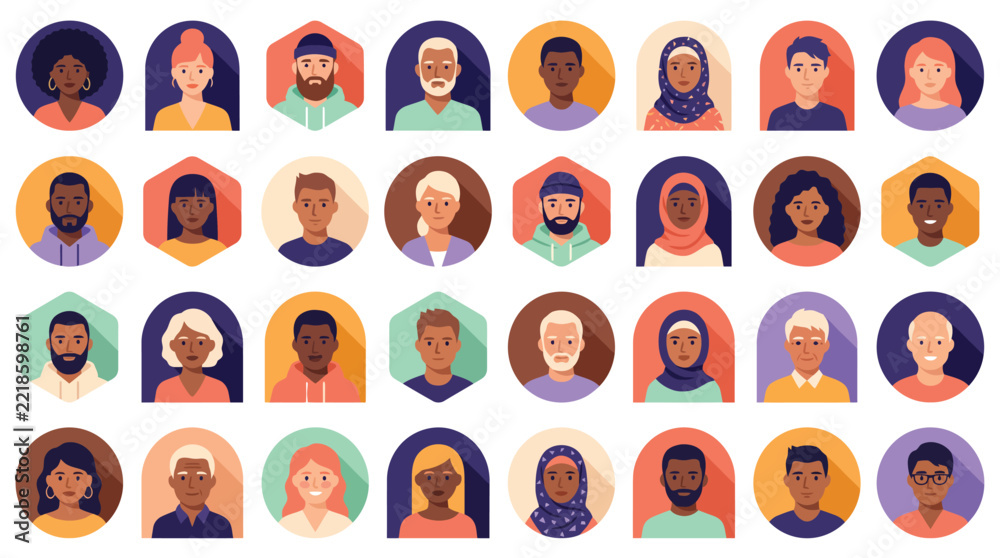 Fototapeta premium Diverse people avatar portrait set in hexagon arch and circle frames
