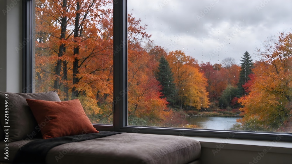 Fototapeta premium Cozy window view with rain drops and autumn forest landscape 1