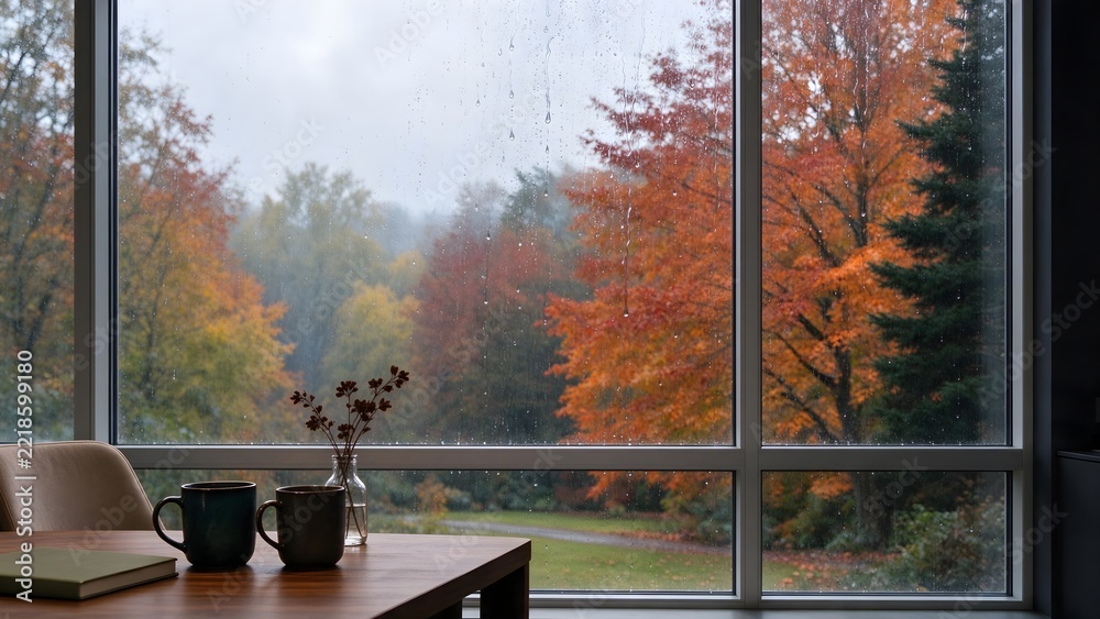 Fototapeta premium Cozy window view with rain drops and autumn forest landscape 2