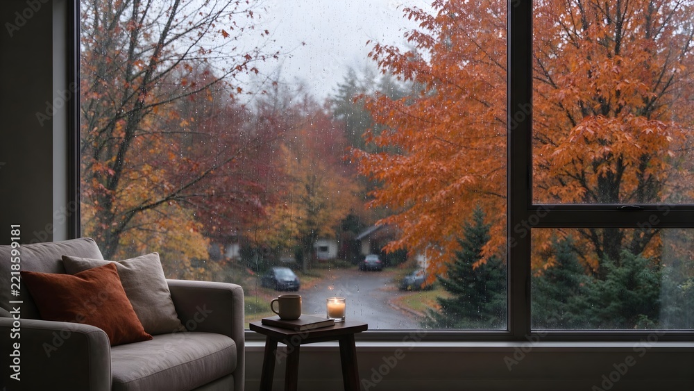 Fototapeta premium Cozy window view with rain drops and autumn forest landscape 3