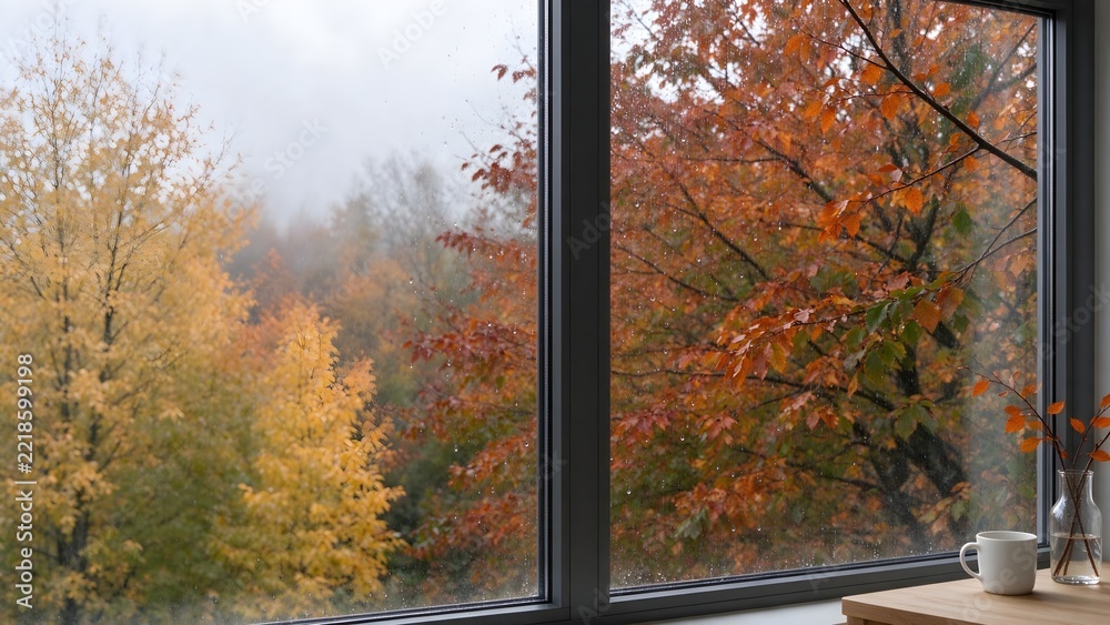 Fototapeta premium Cozy window view with rain drops and autumn forest landscape 4