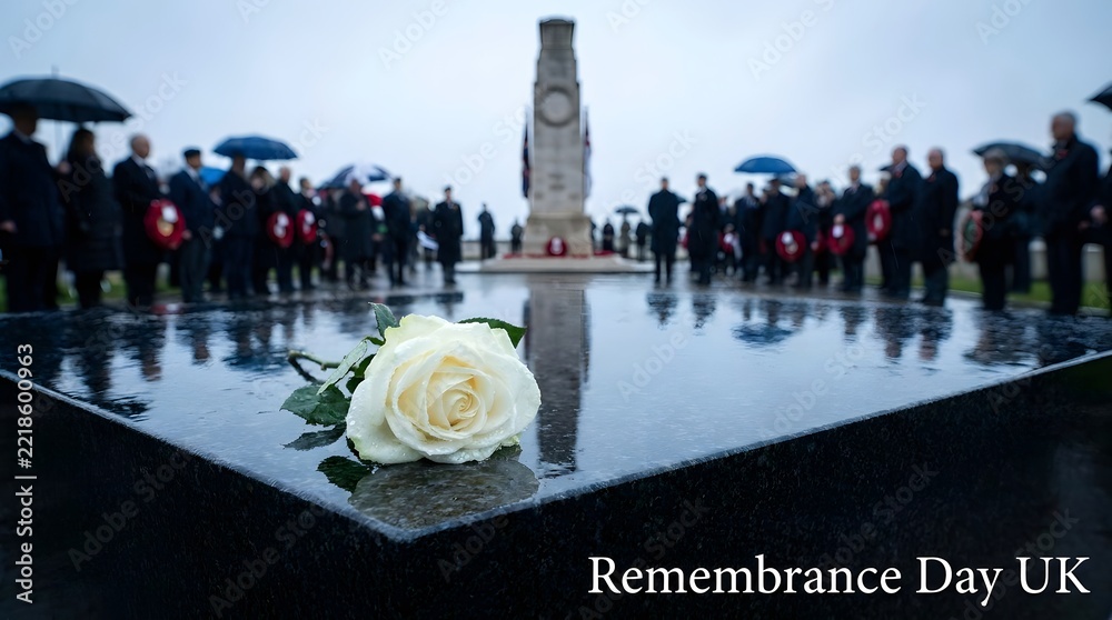 Fototapeta premium A poignant remembrance day scene in the uk honoring veterans and fallen heroes with solemn reflection amidst a rainy and respectful atmosphere