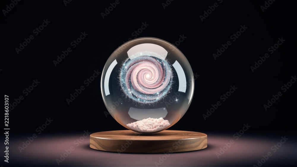 Fototapeta premium Glass sphere contains swirling galaxy. Wooden base supports orb. Dramatic lighting creates strong contrast, highlighting cosmic beauty.