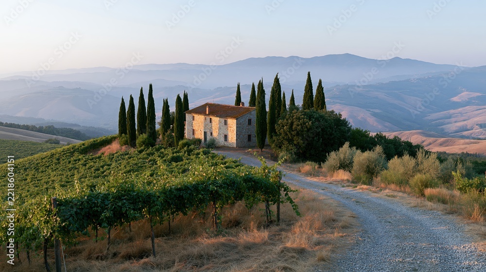 Fototapeta premium The Stone Farmhouse on a Tuscan Hilltop Amid Cypress Trees